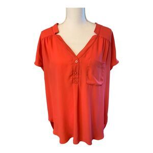 New York Co Tunic Womens 2XL Orange Blouse Flutter‎ Sleeve Notched Vneck Pocket